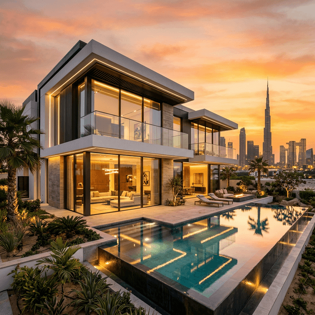 Stunning modern luxury villa in Dubai, highlighting premium residential contracting and technical services
