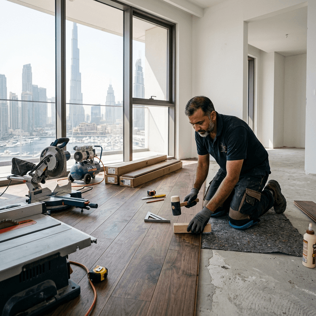 Skilled carpenter installing hardwood flooring in a UAE residence