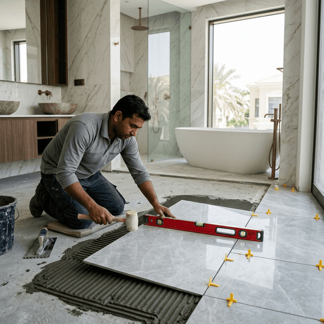Precise floor tiling and grouting works for a modern bathroom