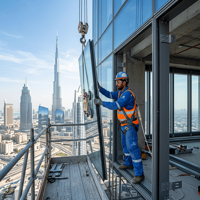 Glass and aluminium window installation on a Dubai commercial building