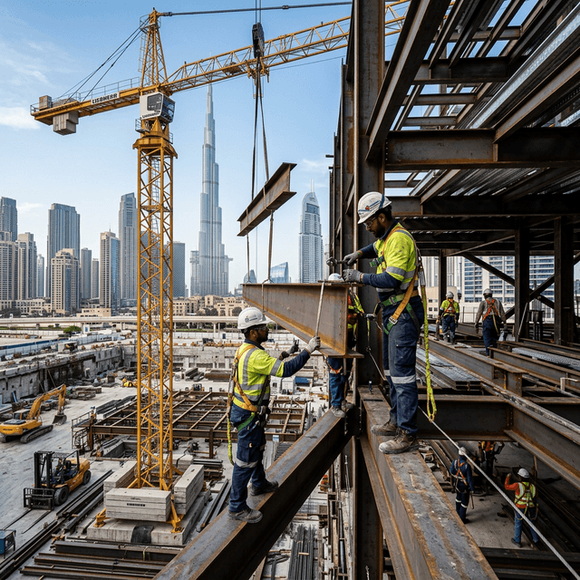 Steel structure erection and metal fabrication on a Dubai site